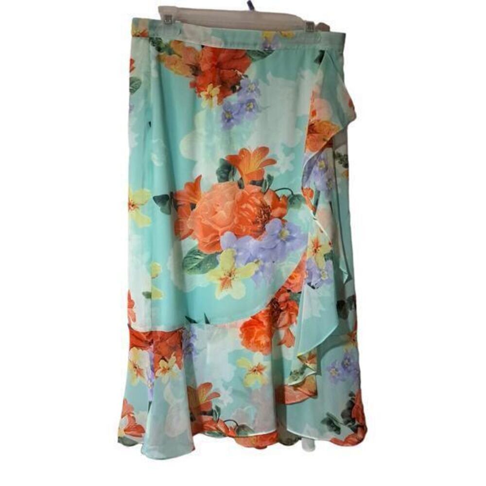 Calvin Klein Womens Lined Ruffles Satin Midi Skirt Green Floral Sz 6